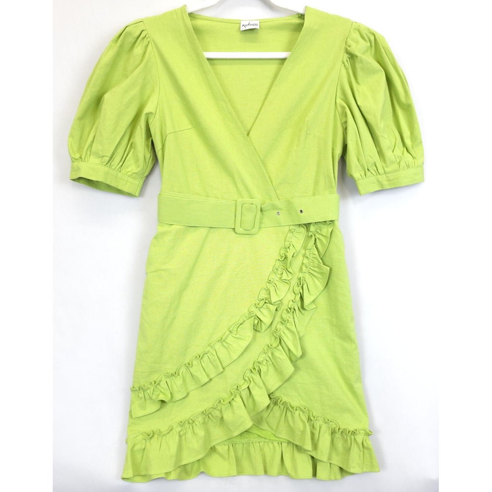 Avanti The Label Faux‎ Wrap Ruffle Dress Women M Green Belted Puff Sleeve Cotton